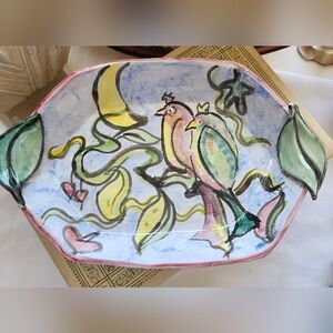 Handpainted Art Pottery Dish with Leaf Handles and Tropical Birds